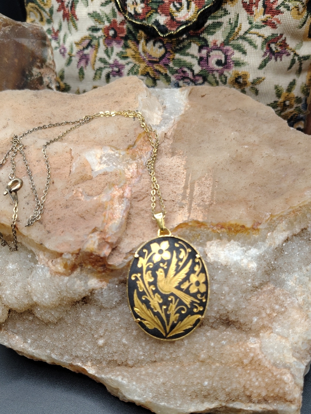 Damascene Gold and Black Floral Bird Oval Pendant Necklace